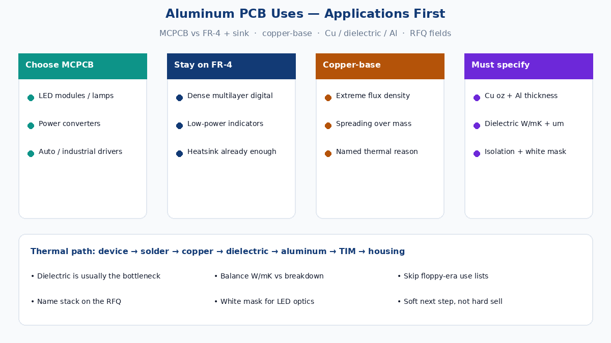 Aluminum PCB uses — applications-first buyer frame for MCPCB vs FR-4 vs copper-base