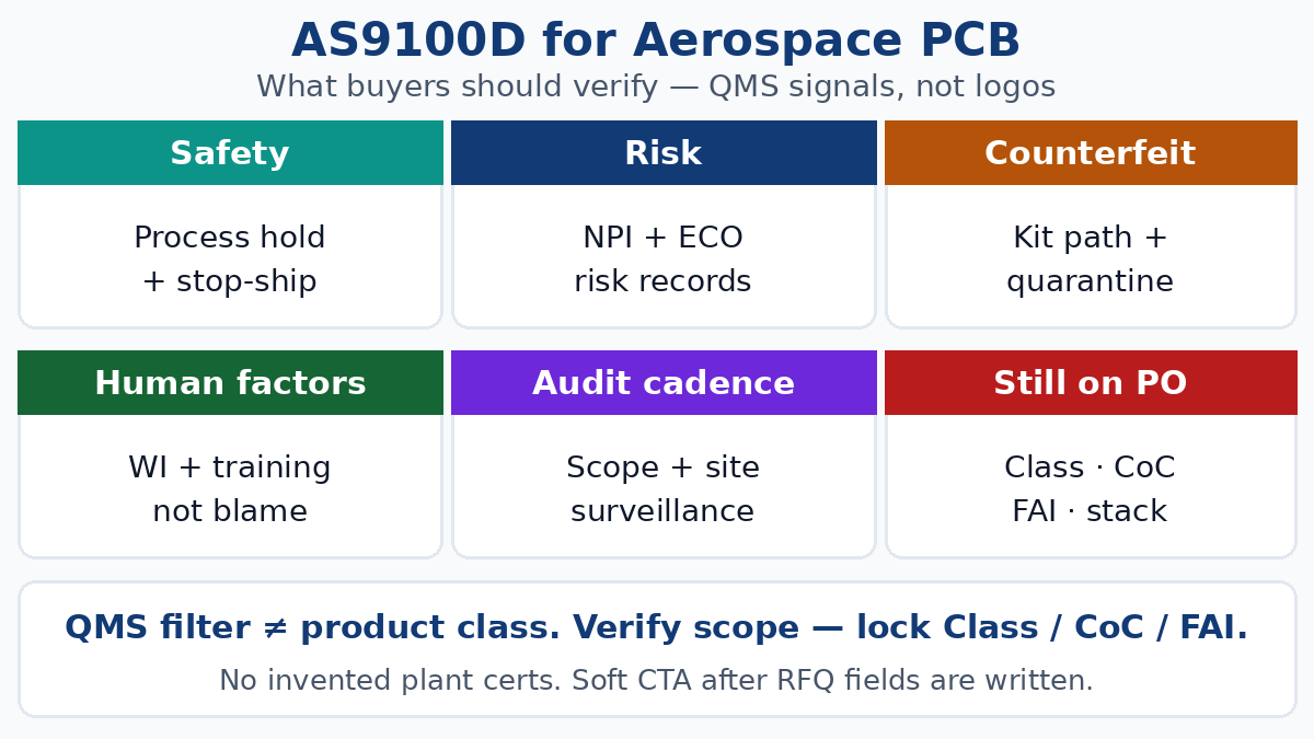 AS9100D for aerospace PCB buyers — verify QMS signals, not brochure logos