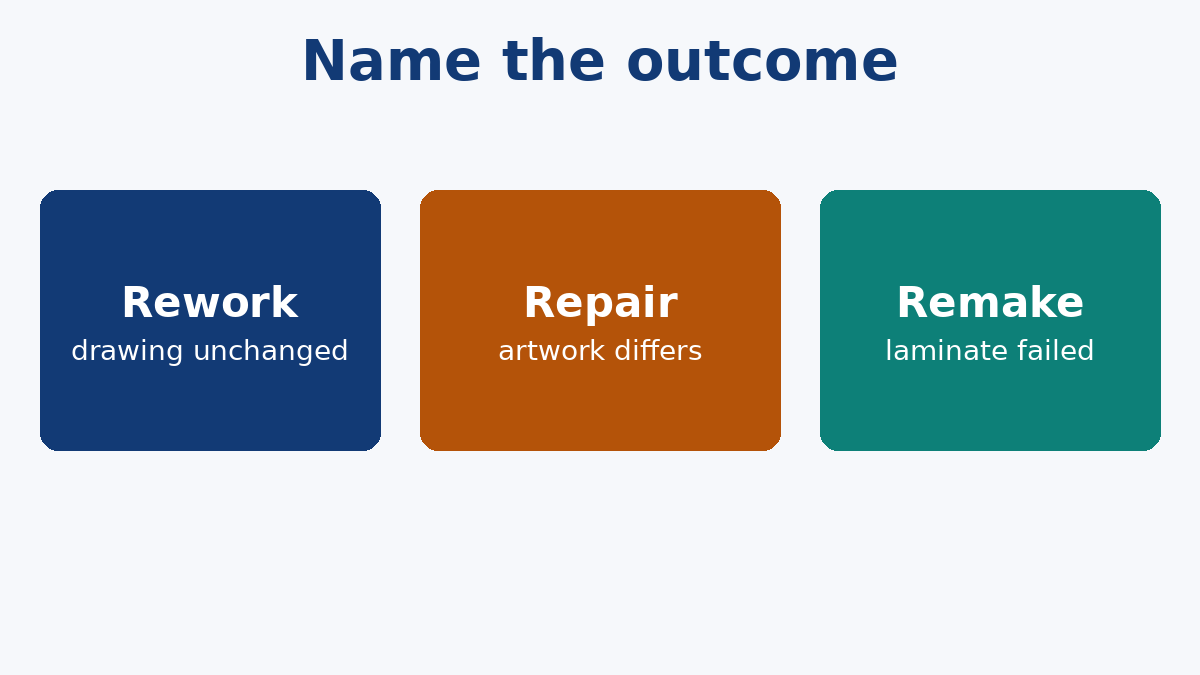 Rework restores the drawing; repair leaves it; remake replaces the board