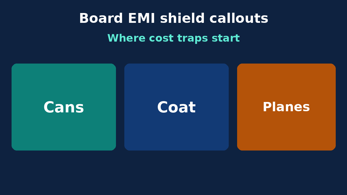 Board EMI shield callouts: cans, coatings and plane notes that drive fab cost