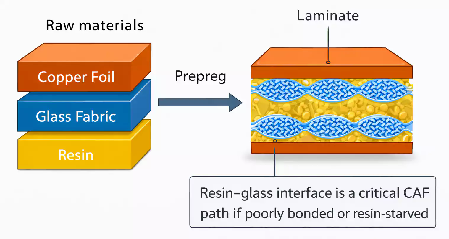 PCB laminate stack showing copper, glass weave, resin, and prepreg interfaces