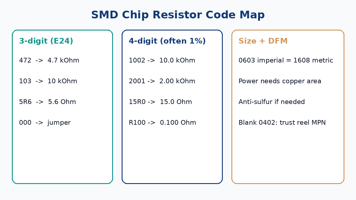 SMD chip resistor code map showing 3-digit, 4-digit, and DFM notes