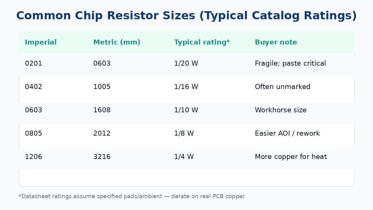 Chip resistor size and typical power rating table