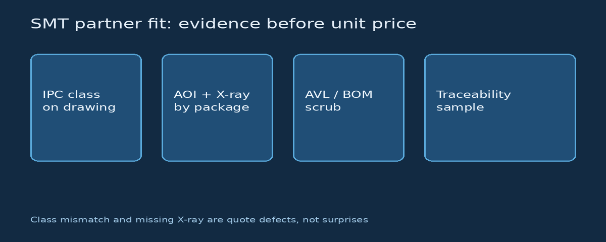 SMT assembly process evidence boxes for IPC class, AOI X-ray, AVL, and traceability