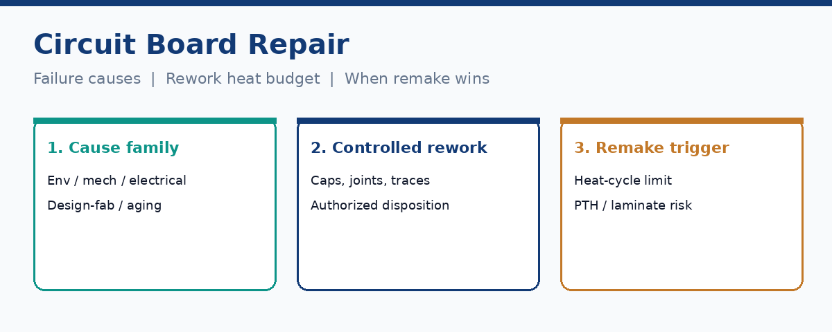 Circuit board repair decision cards for failure causes, controlled rework, and remake triggers