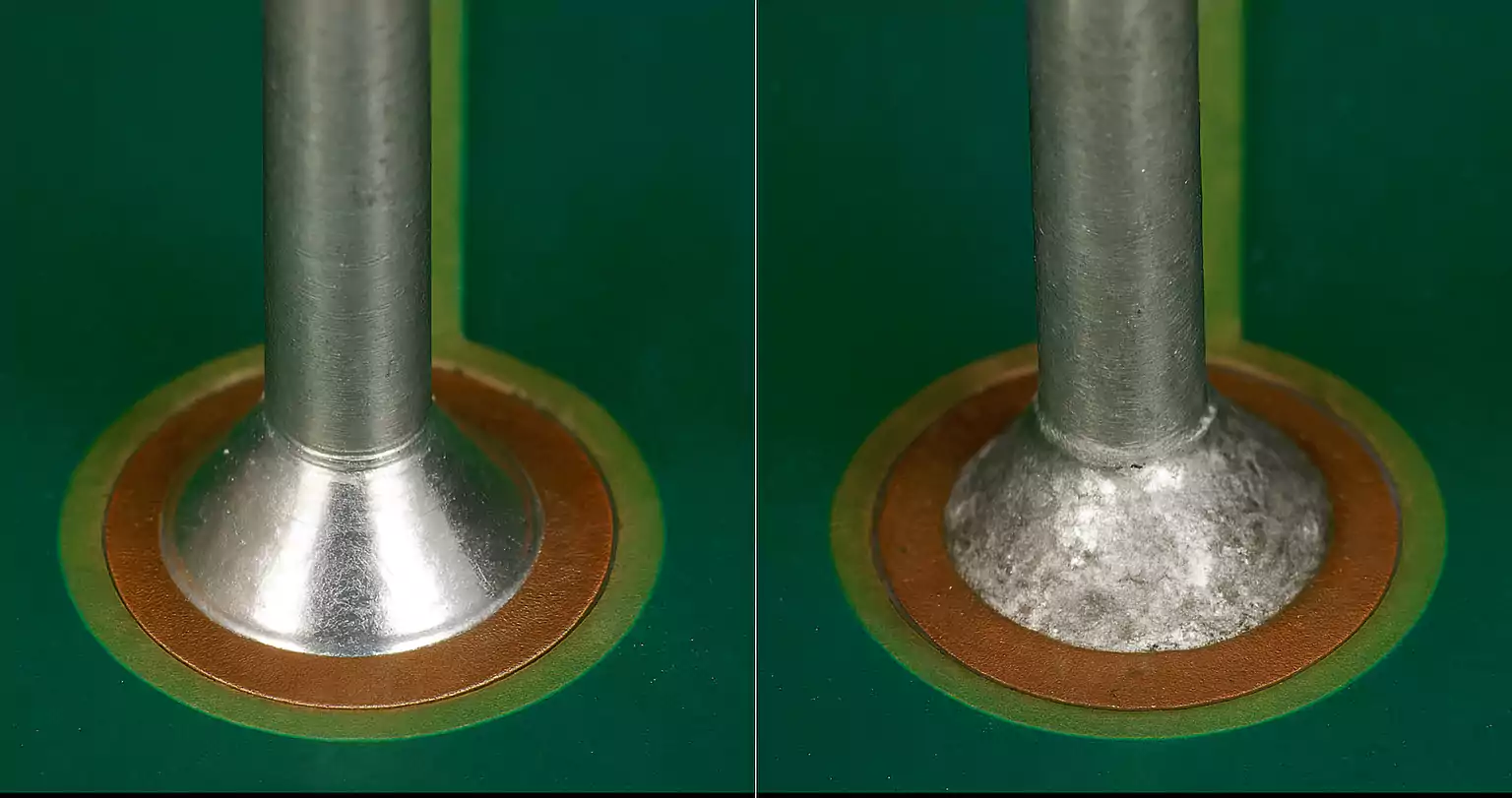 Good solder fillet versus cold solder joint close-up comparison on PCB pads
