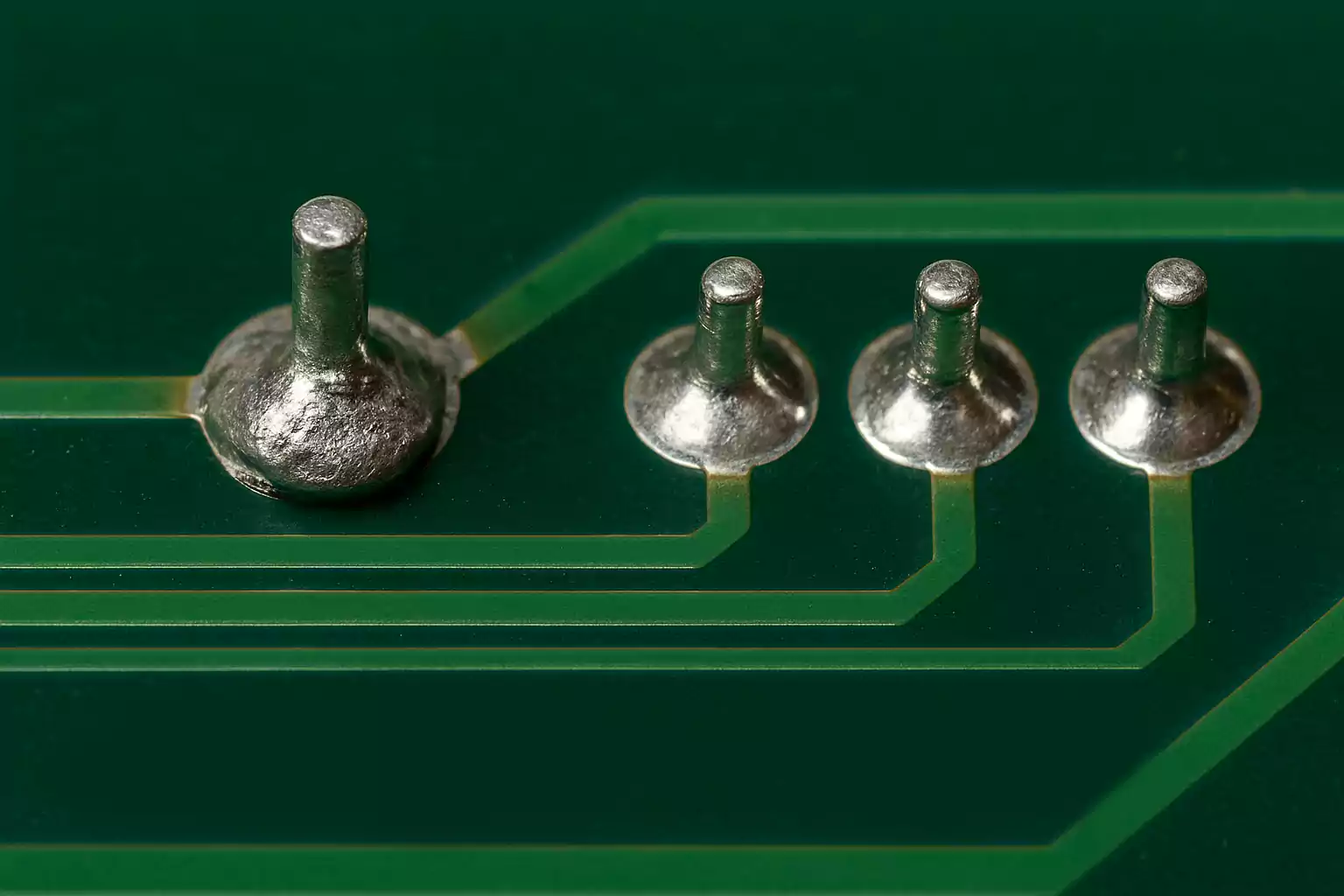 Macro view of a dull, irregular cold solder joint on a through-hole lead