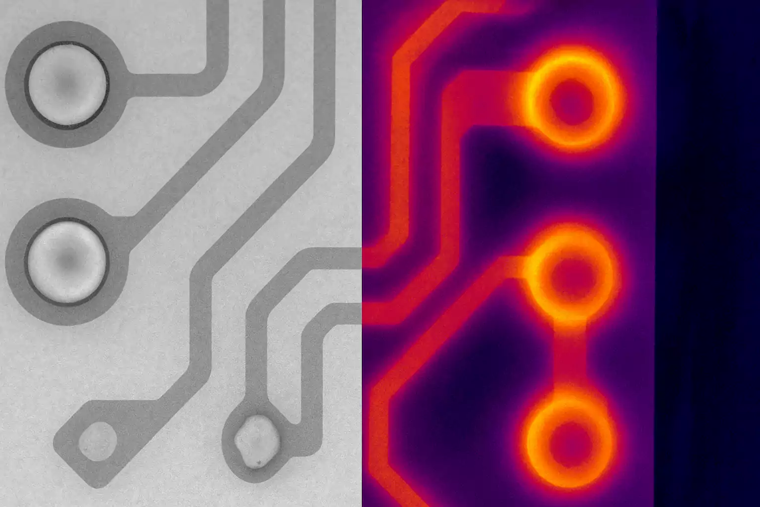 Side-by-side diagnostic comparison of acceptable versus defective soldered PCB joints