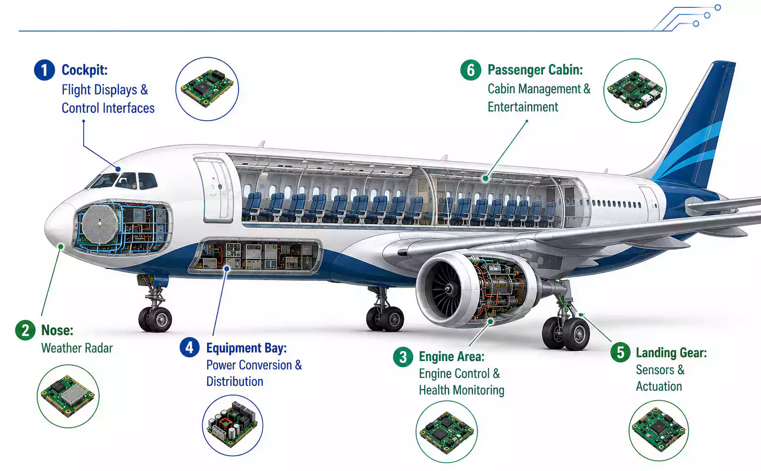 Commercial aircraft systems where high-reliability PCBs support control, power, navigation, and cabin electronics
