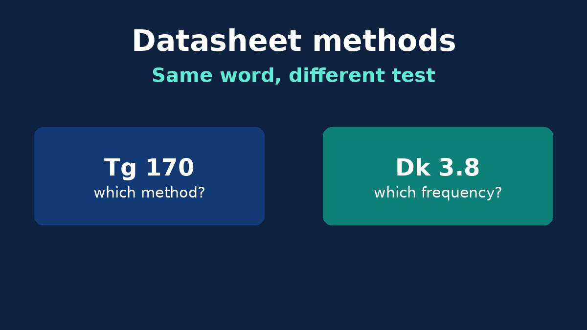 Two laminate datasheets side by side with Tg and Dk called out as not comparable until the test method matches