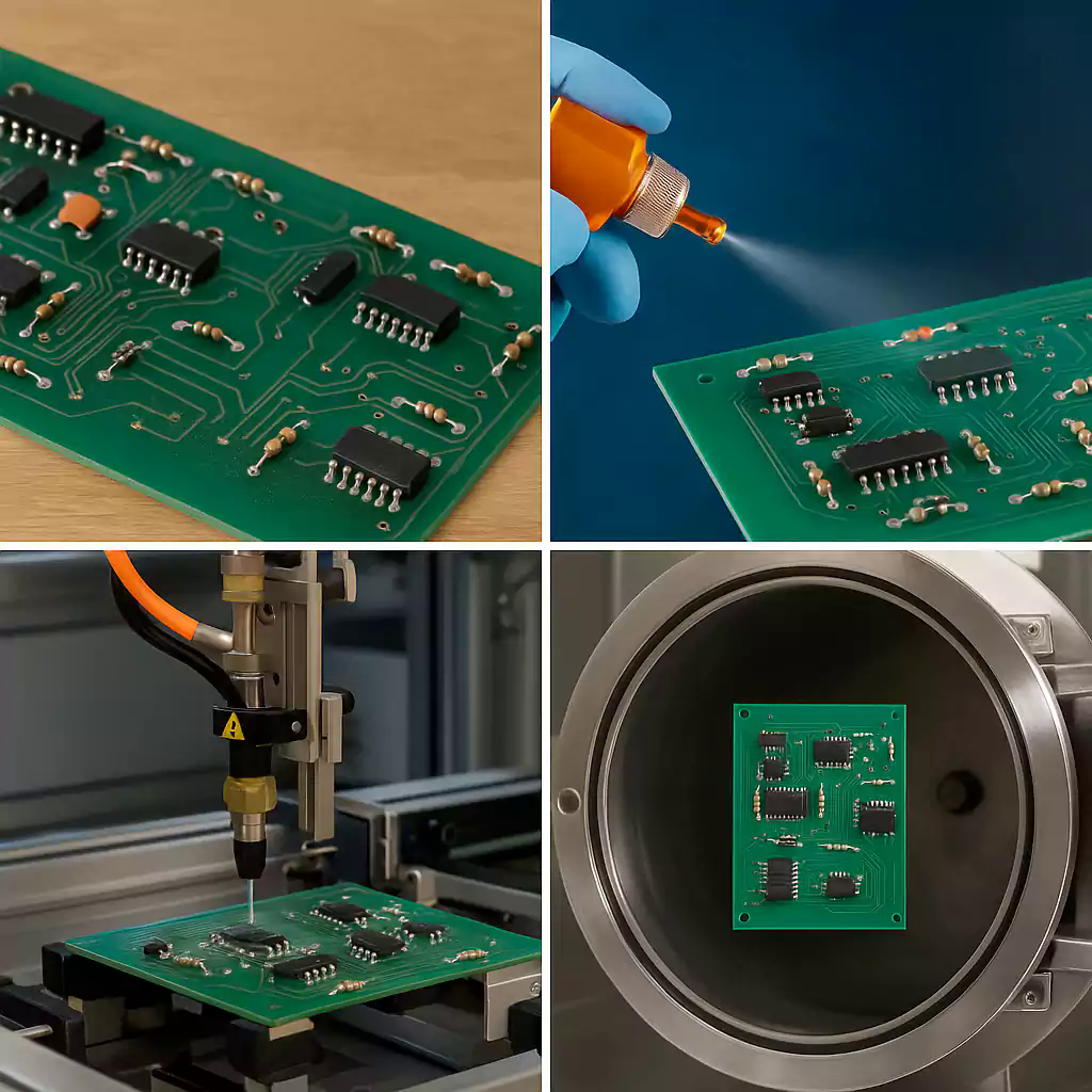 Conformal coating application methods including spray, dip, brush, and selective coat