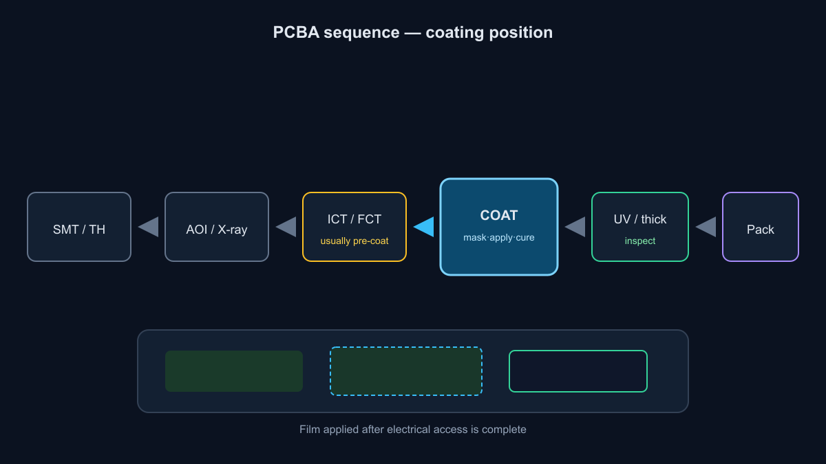 PCBA flow: solder, inspect, test, coat, pack