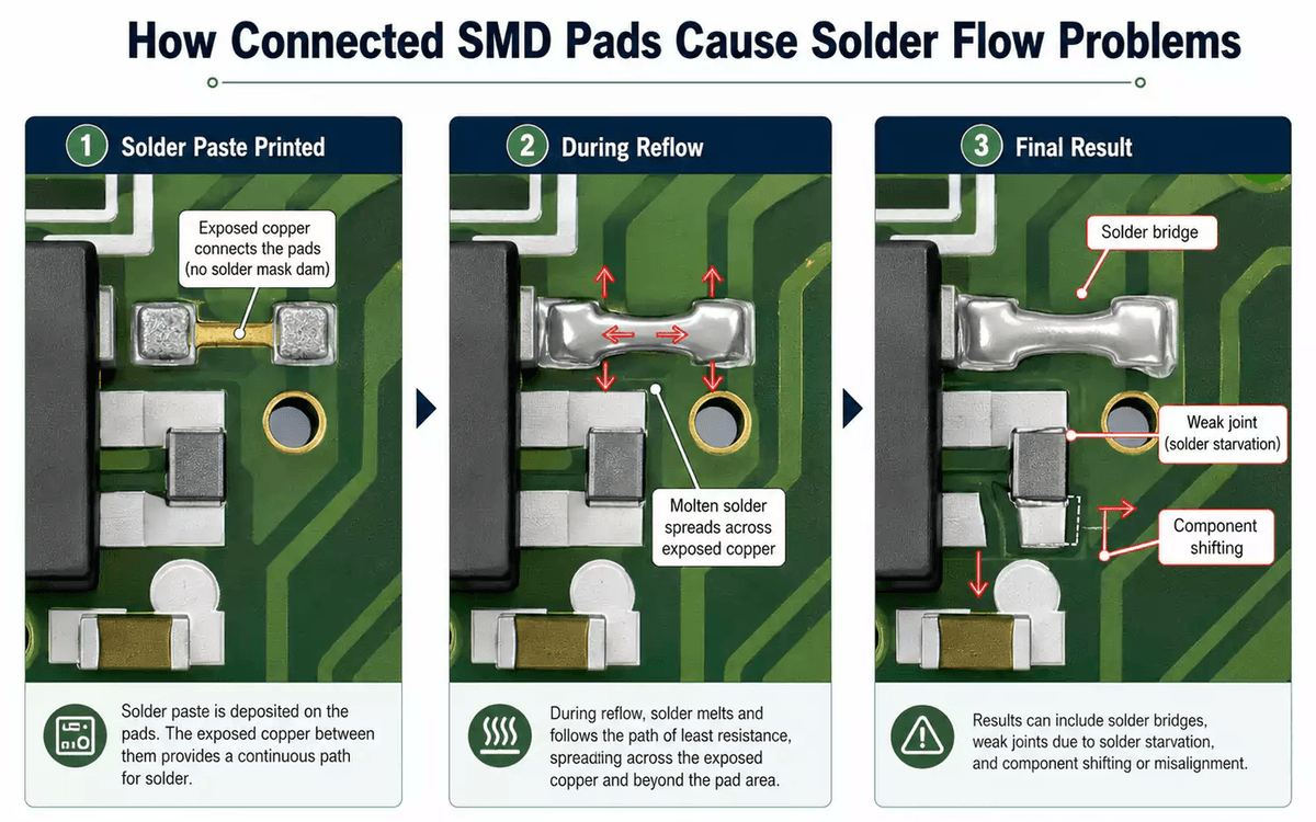Solder flow problems from connected SMD pads during SMT reflow