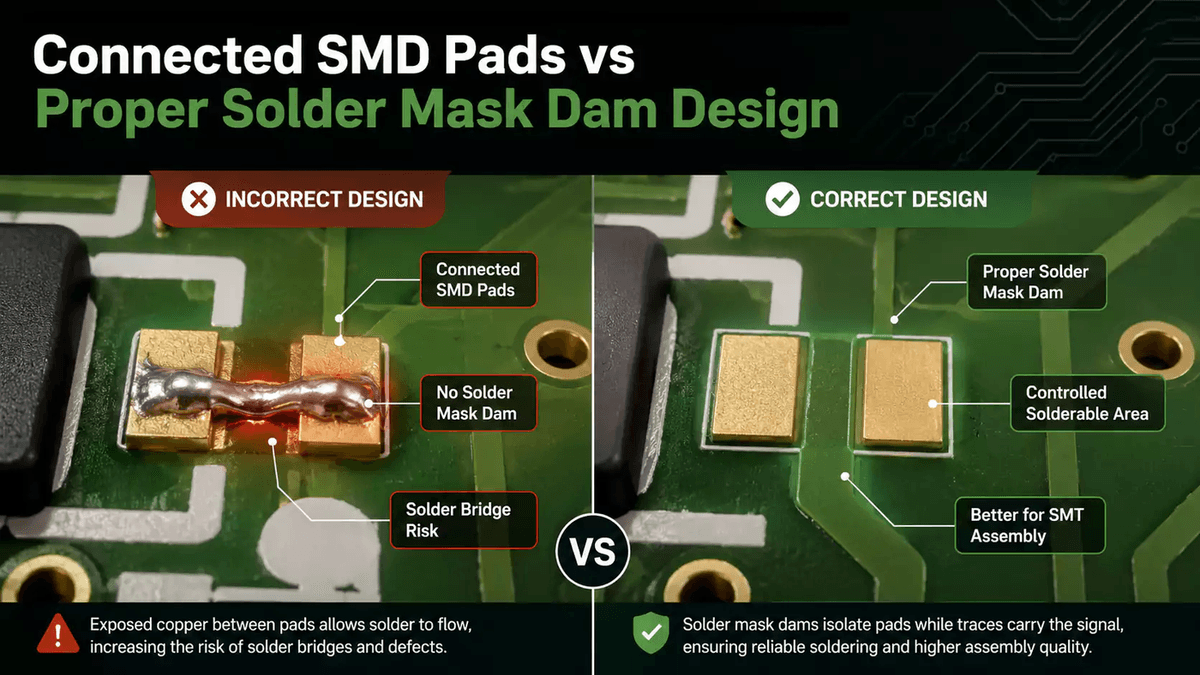 Connected SMD pads versus solder mask dam design for reliable SMT assembly