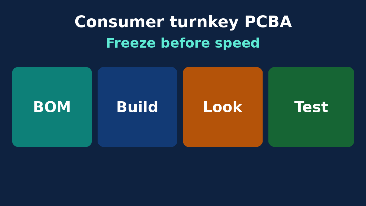 Four locked inputs for consumer turnkey PCBA: BOM, build level, cosmetics and test