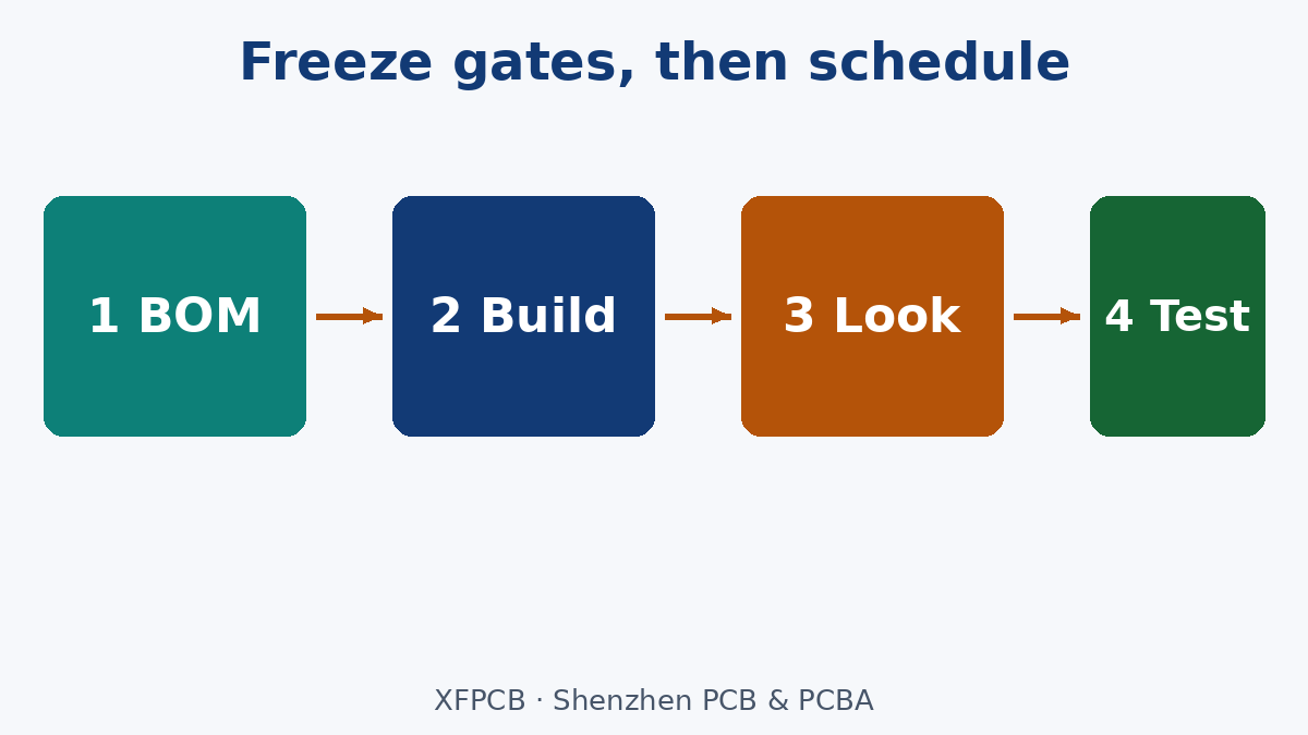 BOM, build level, cosmetics and test as sequential freeze gates