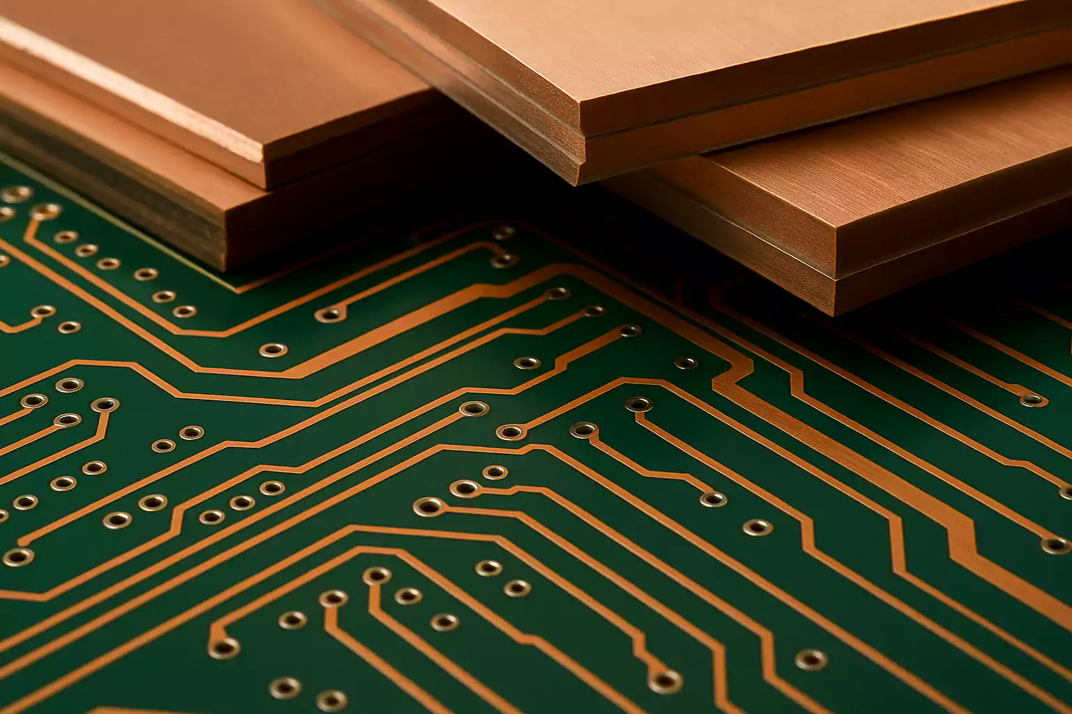 Copper clad laminate close-up showing copper foil bonded to glass-epoxy industrial CCL