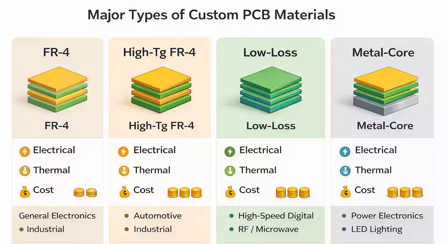 Custom PCB material types: FR-4, high-Tg, low-loss laminate, and metal-core boards