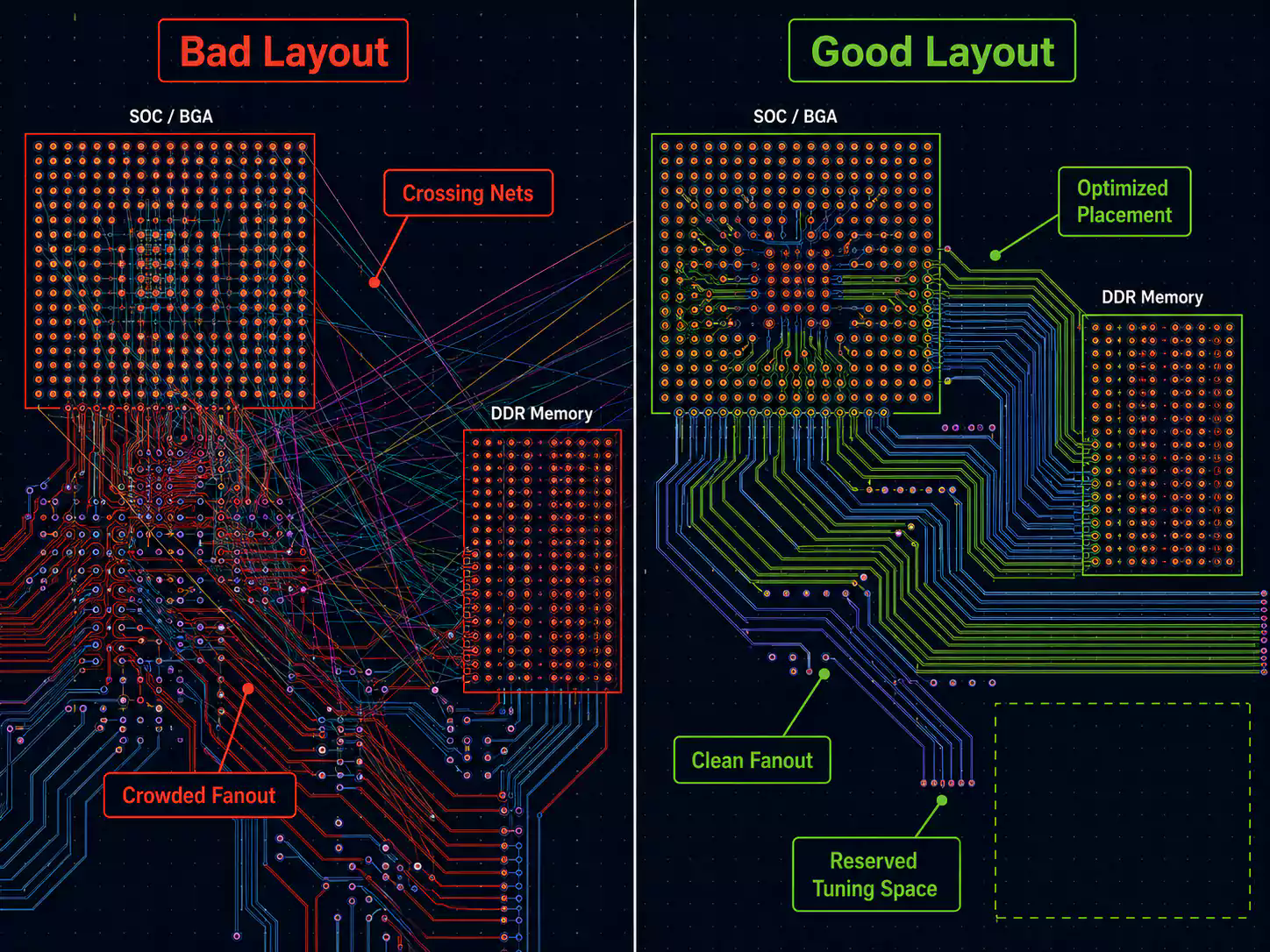Good versus bad DDR placement and BGA fanout comparison for SoC memory routing
