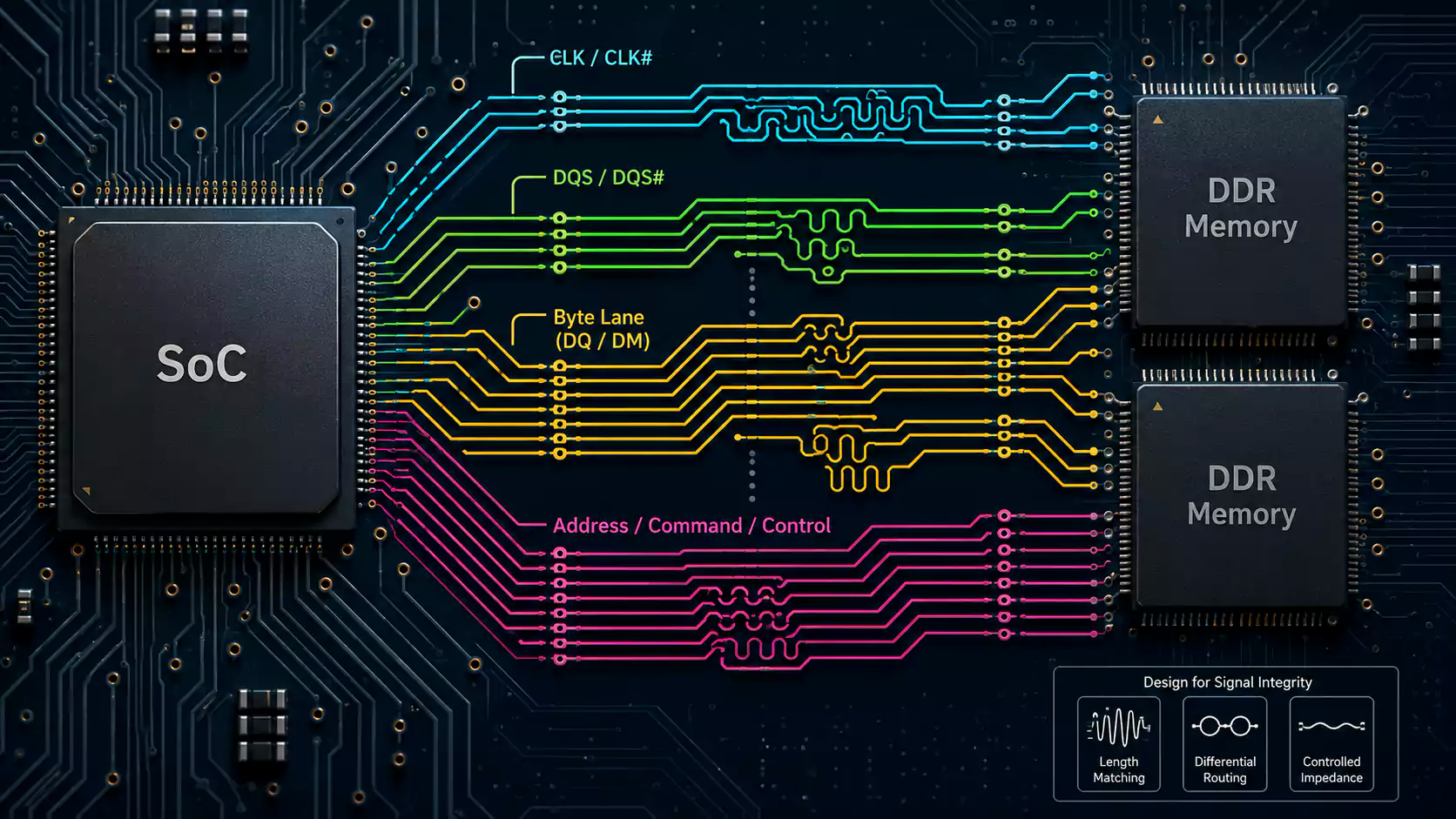 SoC to DDR PCB routing overview showing memory interface channels and BGA escape region