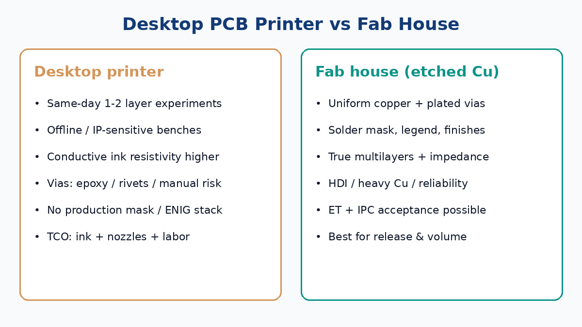 Side-by-side comparison of desktop PCB printer versus fab house capabilities