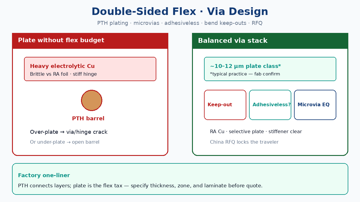 Double-sided flex PCB via design: PTH plating thickness, microvias, adhesiveless stack, bend keep-outs, China fab RFQ