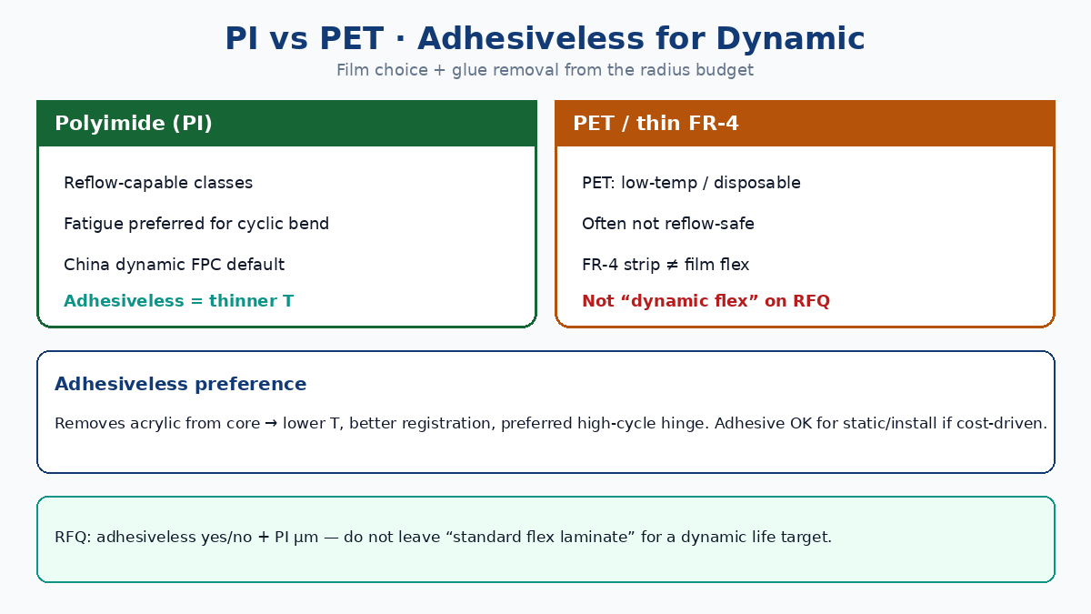 PI vs PET and adhesiveless stack for dynamic flex