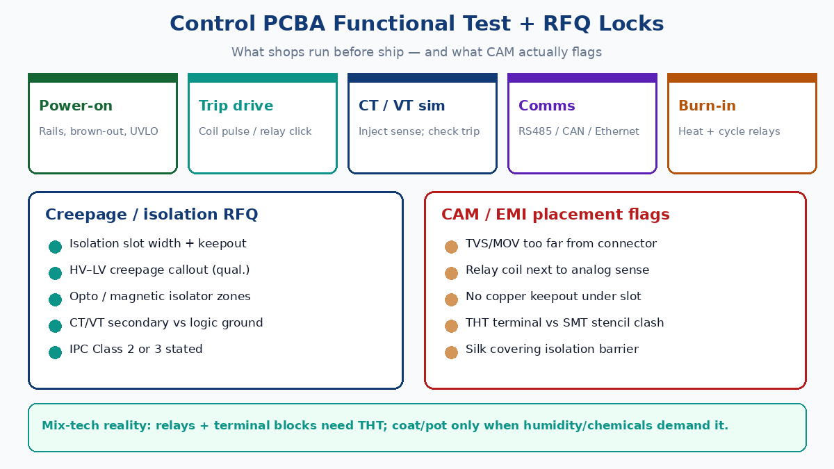 Control PCBA functional test matrix and RFQ / CAM locks