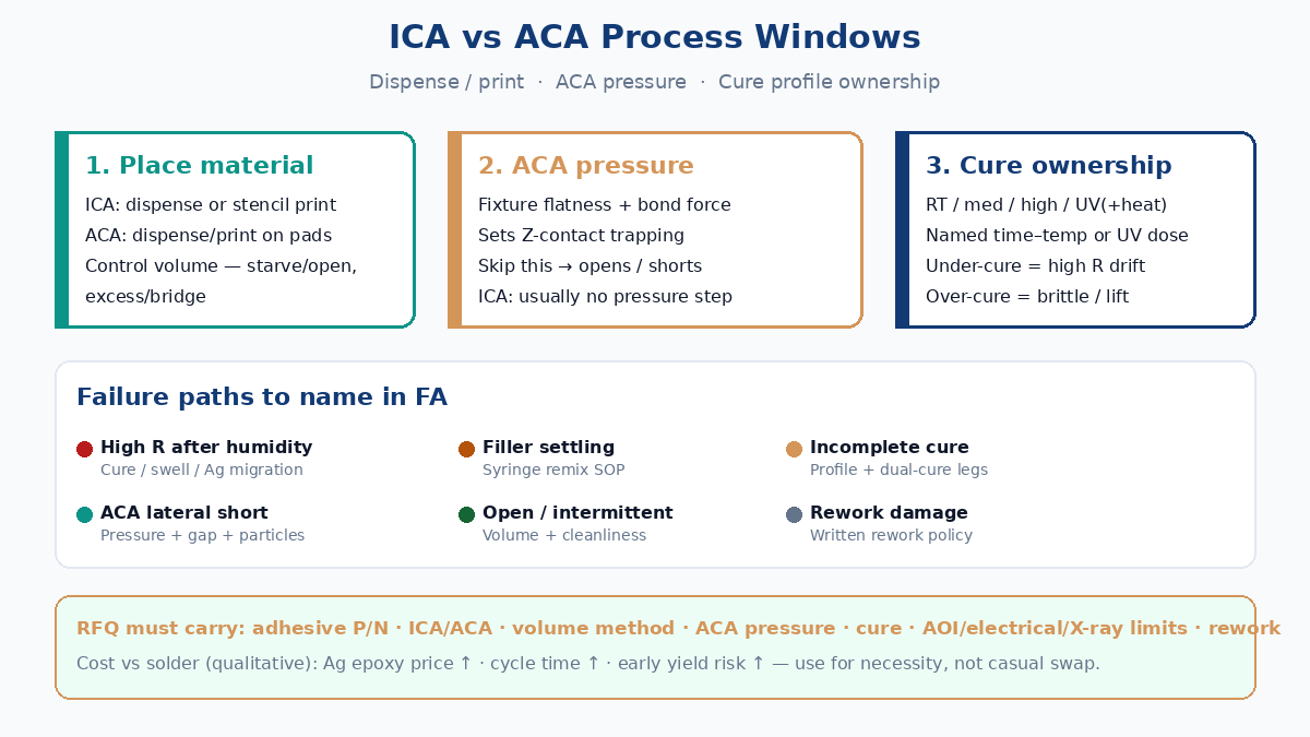 ICA vs ACA process windows: dispense or print, ACA pressure, shared cure profile ownership