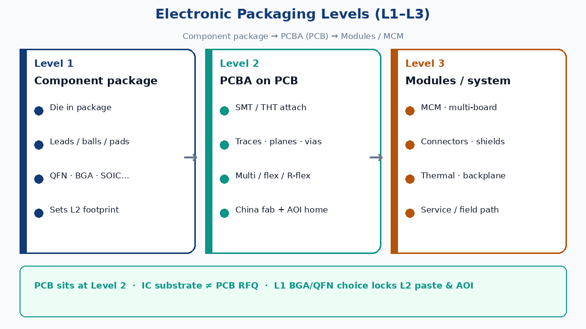 Electronic packaging levels L1–L3: component package, PCBA, modules — PCB at Level 2