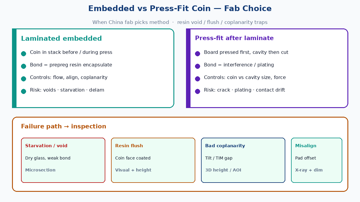Laminated embedded vs press-fit copper coin: controls, risks, inspection