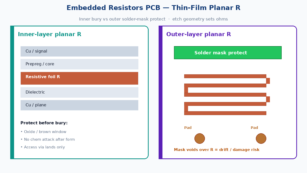Embedded resistor PCB: thin-film planar R on inner vs outer layer with mask protect