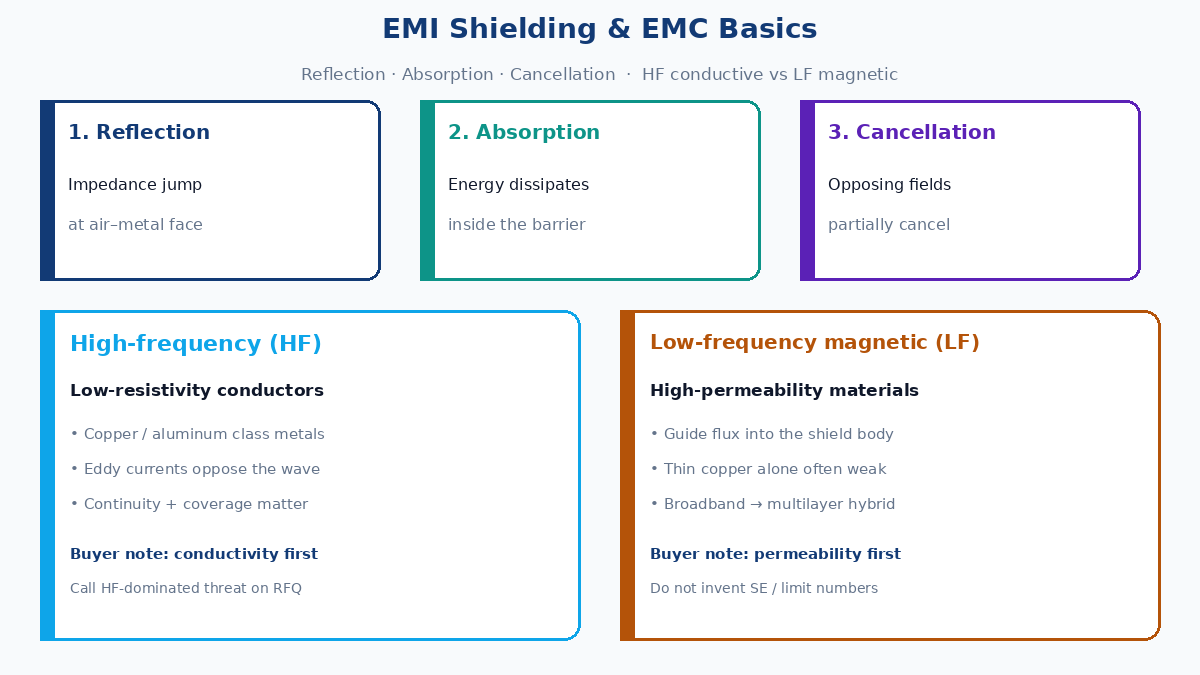 EMI shielding EMC basics: reflection absorption cancellation; HF conductive vs LF magnetic