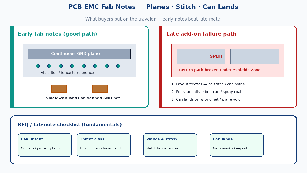 PCB EMC fab notes: planes, stitch fence, shield-can lands vs late add-on failure