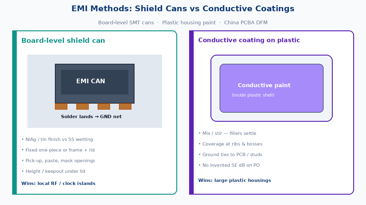 EMI shield cans vs conductive coatings: PCB can SMT vs plastic housing paint
