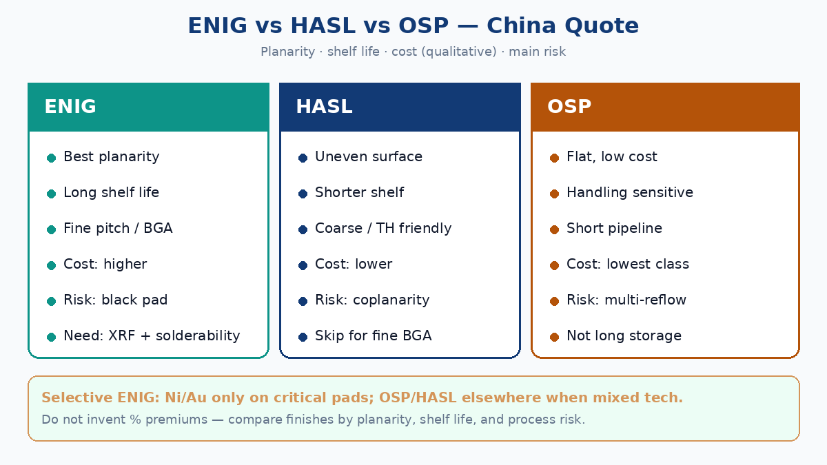 ENIG vs HASL vs OSP decision for China PCB quotes