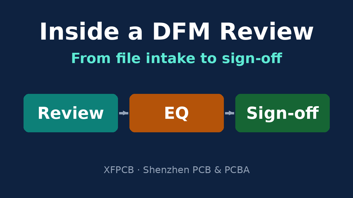 Stages of a factory DFM review from data intake to EQ loop and sign-off