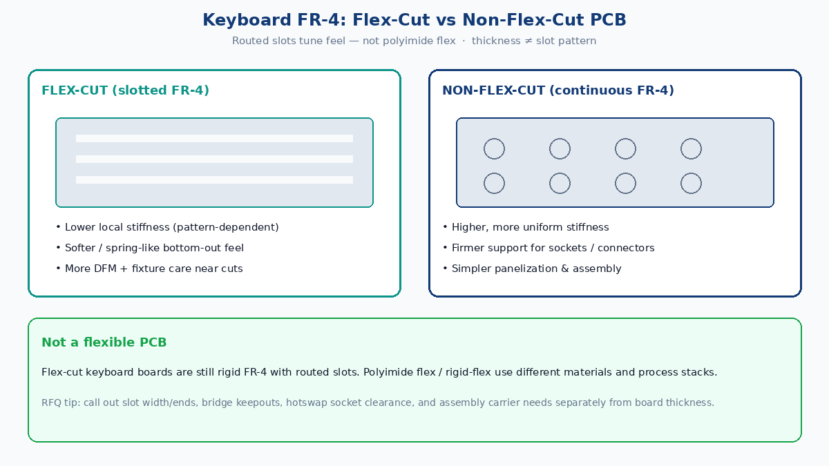 Keyboard FR-4 flex-cut vs non-flex-cut PCB comparison: slotted vs continuous board