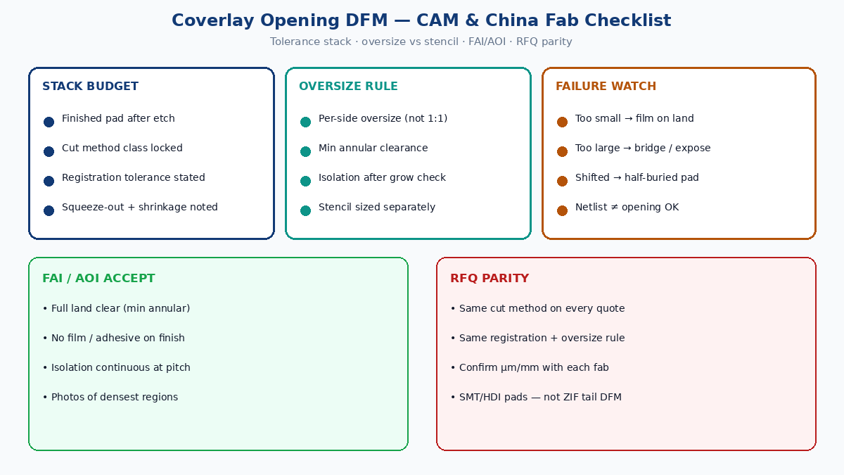 Coverlay opening DFM checklist: tolerance stack, oversize, FAI acceptance