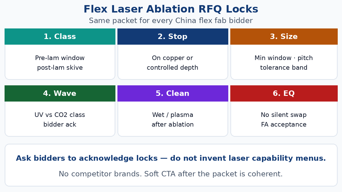 Flex PCB laser ablation RFQ locks — opening class stop clean EQ