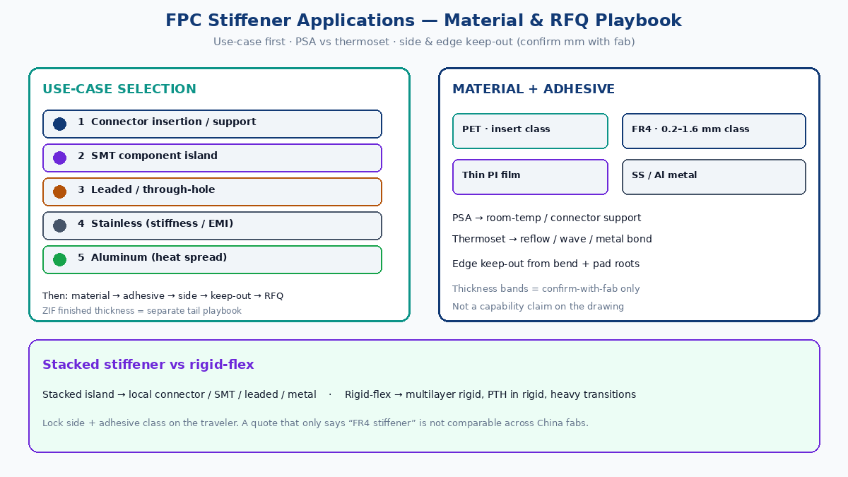 FPC stiffener applications: connector, SMT, leaded, metal options — material and RFQ playbook