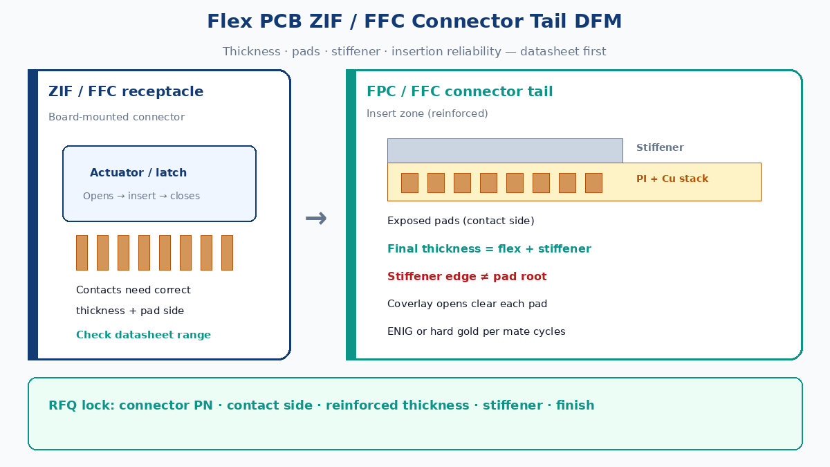 Flex PCB ZIF/FFC connector tail: thickness, stiffener, pads, insertion reliability