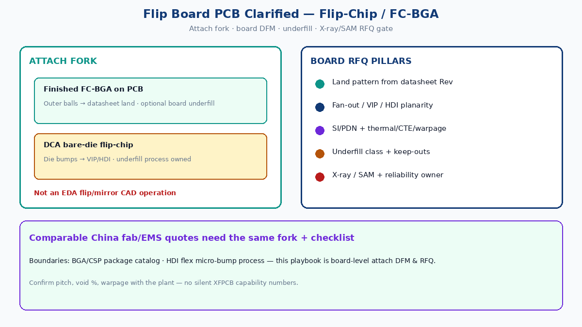 Flip board PCB clarified: flip-chip vs FC-BGA, board DFM, underfill and RFQ gate