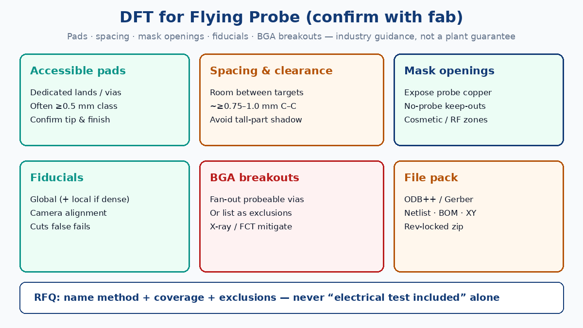 DFT for flying probe: accessible pads, spacing, mask openings, fiducials, BGA breakouts
