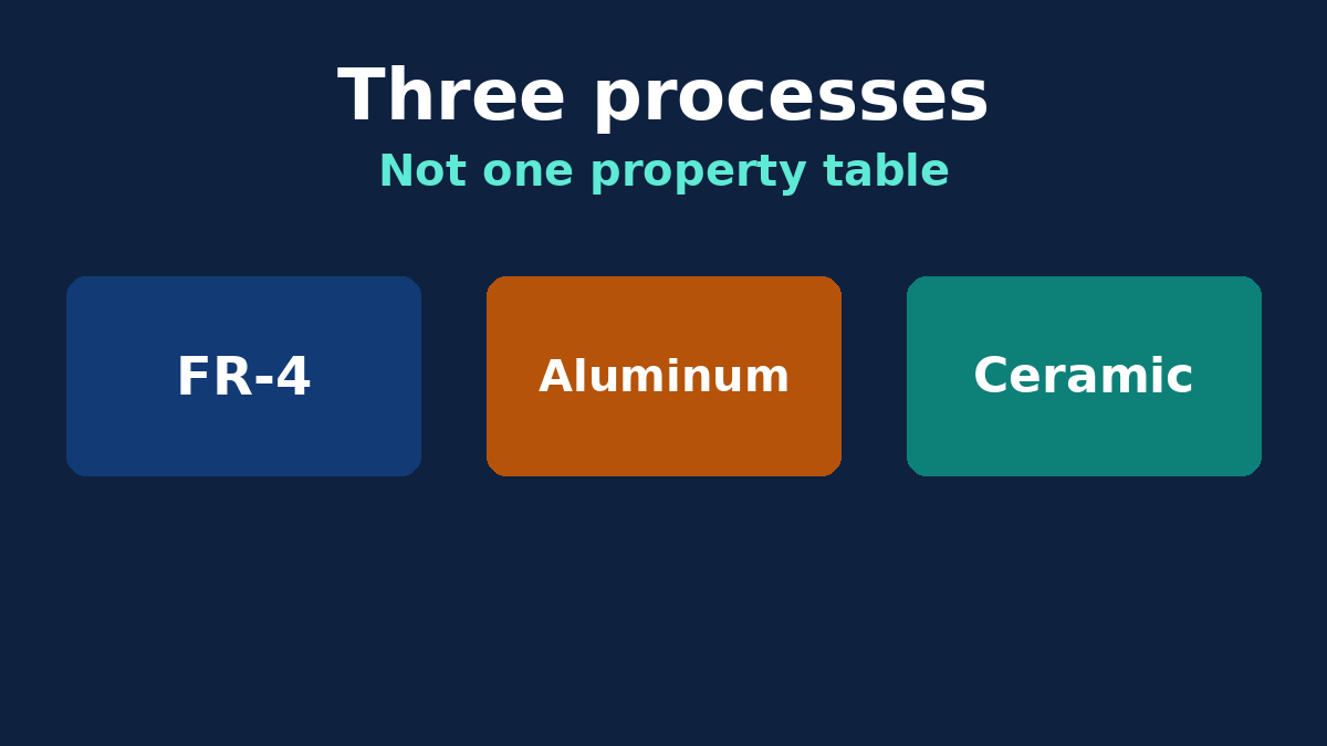 Three board processes side by side: a pressed FR-4 stack, an aluminum base with a thin dielectric, and a ceramic substrate