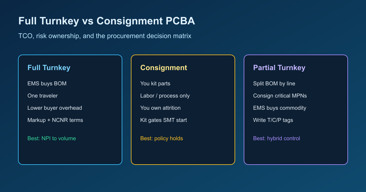 Full turnkey vs consignment vs partial turnkey PCB assembly for procurement TCO decisions