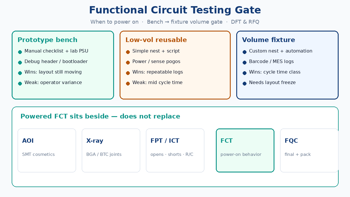 Functional circuit testing gate: when to power on, DFT for fixtures, RFQ checklist