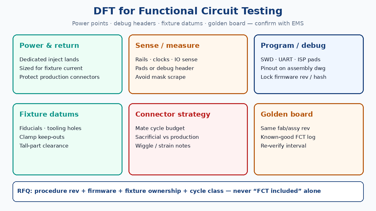DFT for functional circuit testing: power points, debug headers, fixture fiducials, golden board