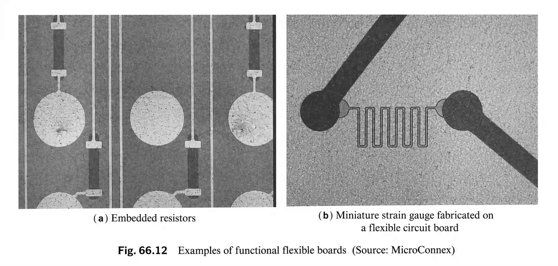 Cross-section style view of embedded resistor and strain gauge on functional flex PCB