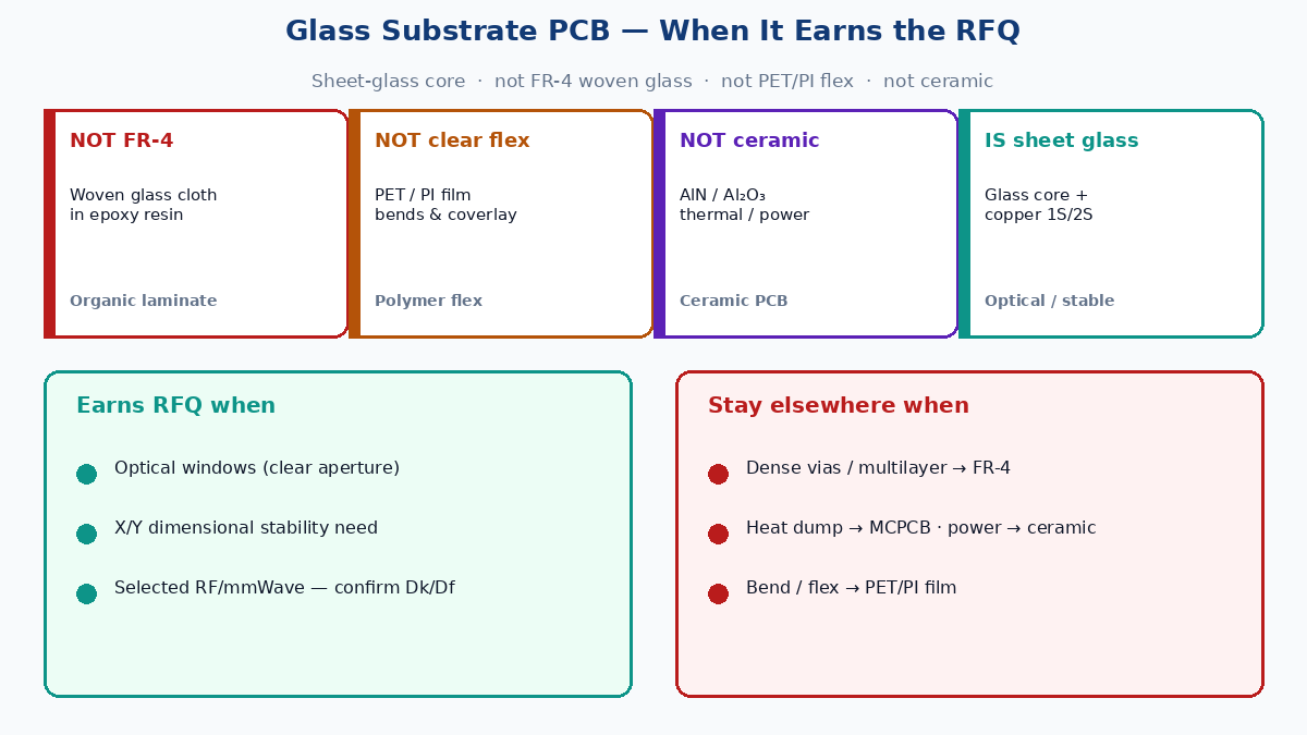 Glass substrate PCB RFQ gate: sheet glass core vs FR-4 woven glass, ceramic, and transparent polymer flex